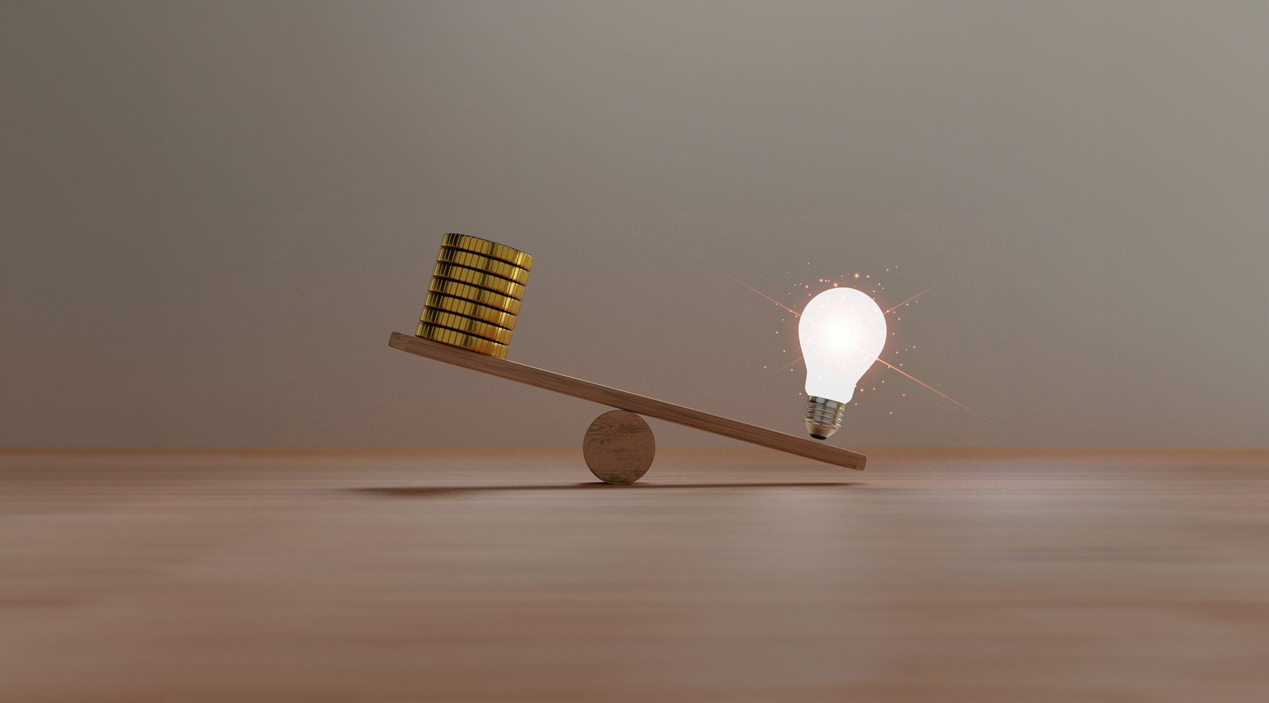 Unbalance of lightbulb glowing and golden coins money on seesaws